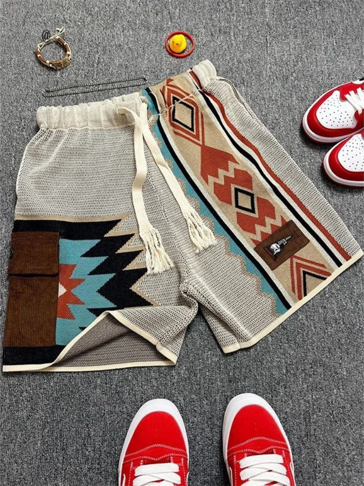 

Large Size 300 Pounds American Retro Navajo Knitted Shorts Men Women Summer Five-Quarter Length Trendy Brand Mid-Calf Pants