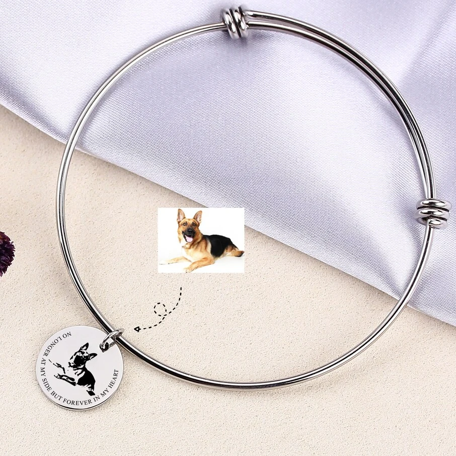 

Custom Text Image Stainless Steel Personalized Pet Gifts Portrait Bracelet Bangle Bracelet With Charms Memorial Loss of Dog Gift