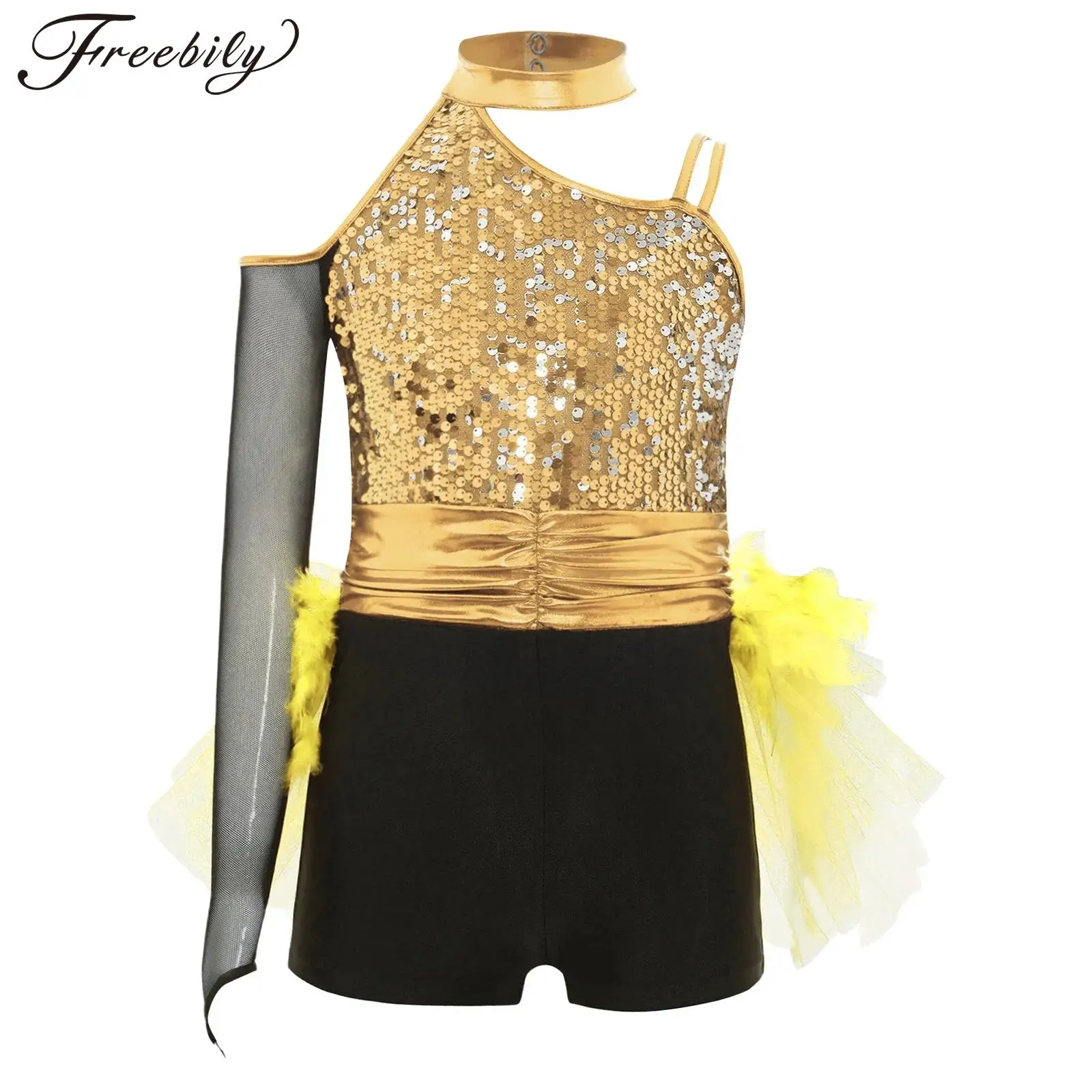 

Children Unitard Streetwear Sparkly Leotard Sequins Performance Jazz Dance Costume Kids Girls Feather Tulle Skirted Jumpsuit