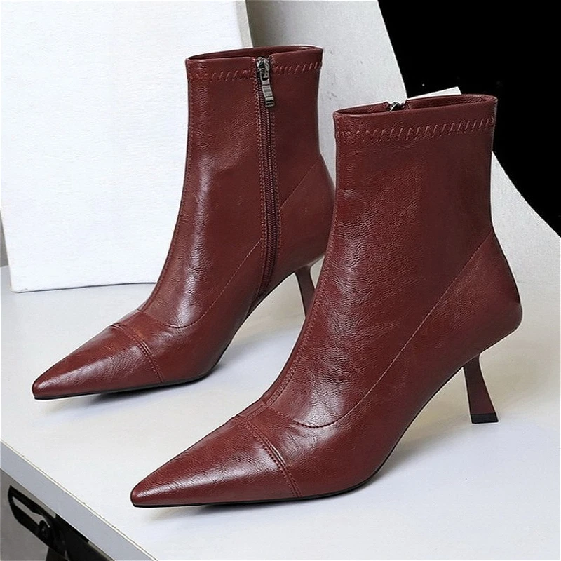 

Retro Women Shoes Luxury Leather Pointed Tip Ankle Boots for Woman Exquisite French High Heeled Boots Designer Shoes Botas Mujer