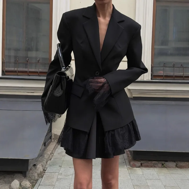 European and American Cross-border  Temperament Commuting Black Blazer, Women's Lace Patchwork, Sophisticated Long-sleeve Suit