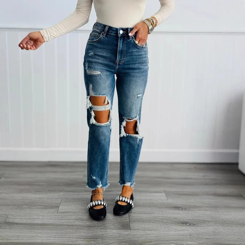 Jeans 2025 Summer New Product European and American High Waist Piercing Small Foot Jeans European and American Style
