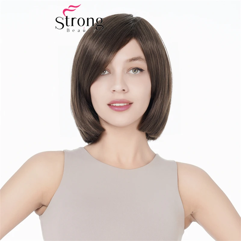 Short Brown Bob Straight with Side Bangs Synthetic Full Hair Wig