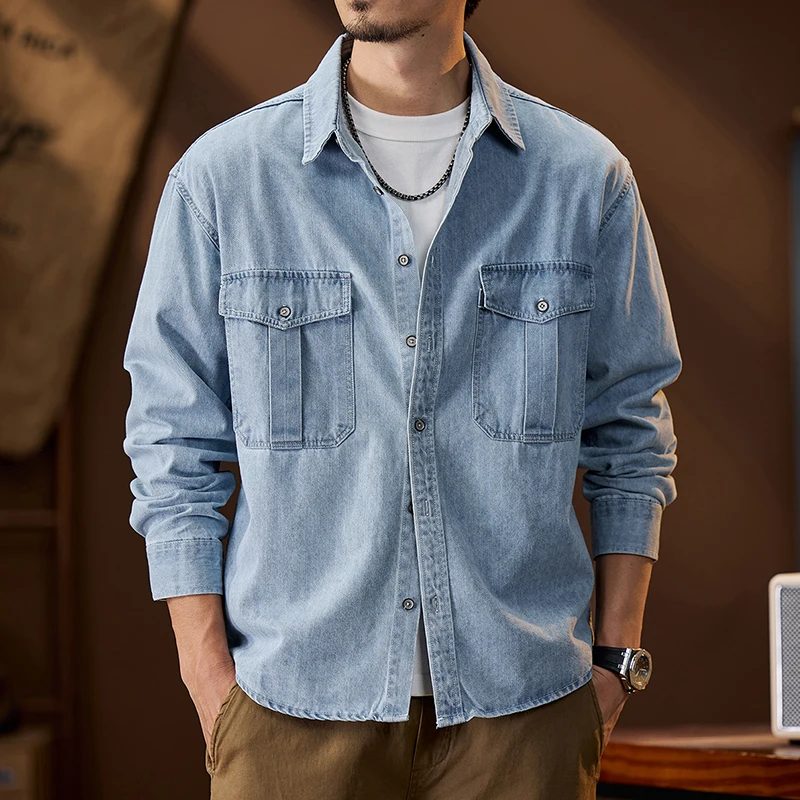 Men's Heavyweight Cotton Workwear Denim Shirt Vintage Oversized Long Sleeve Shirt Jacket American Retro Relaxed Fit Cargo Shirt