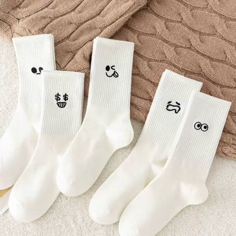 5Pairs Summer Spring Short Sock Women White Kawaii Fun Socks Embroidered Expression Pack Pattern Cotton Middle Tube Sports Sock