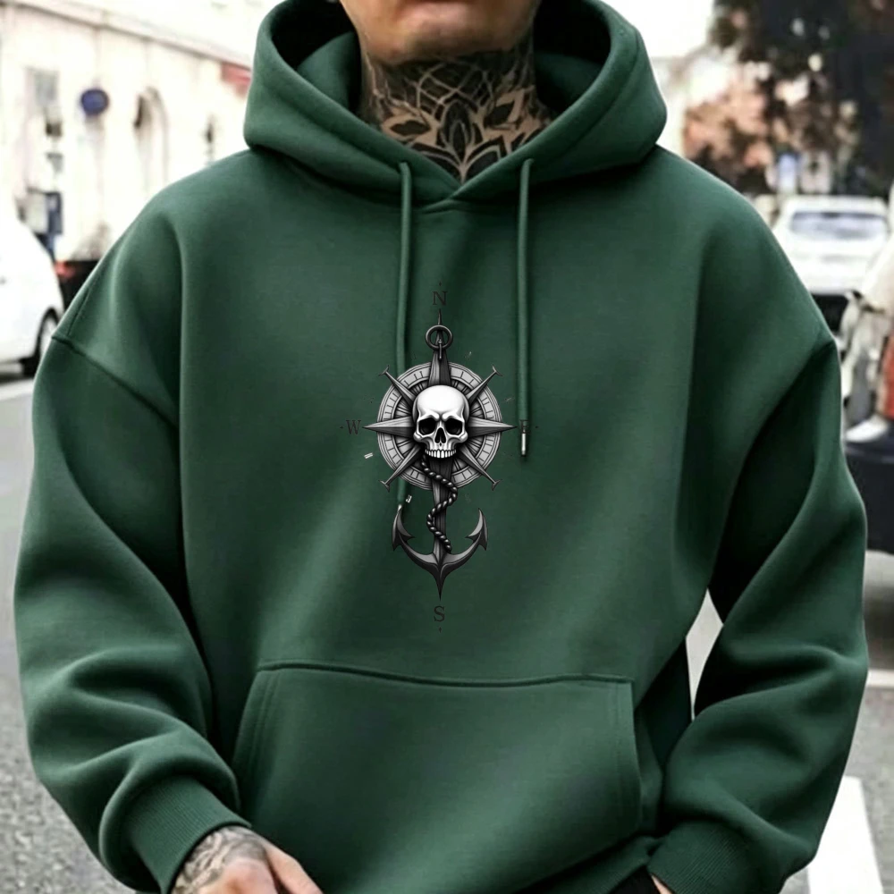 Sudadera con Capucha Gráfica Náutica Vintage de Calavera Pirata y Ancla para Hombre, Sudadera con Capucha Retro de Marinero, Estilo Gótico Urbano