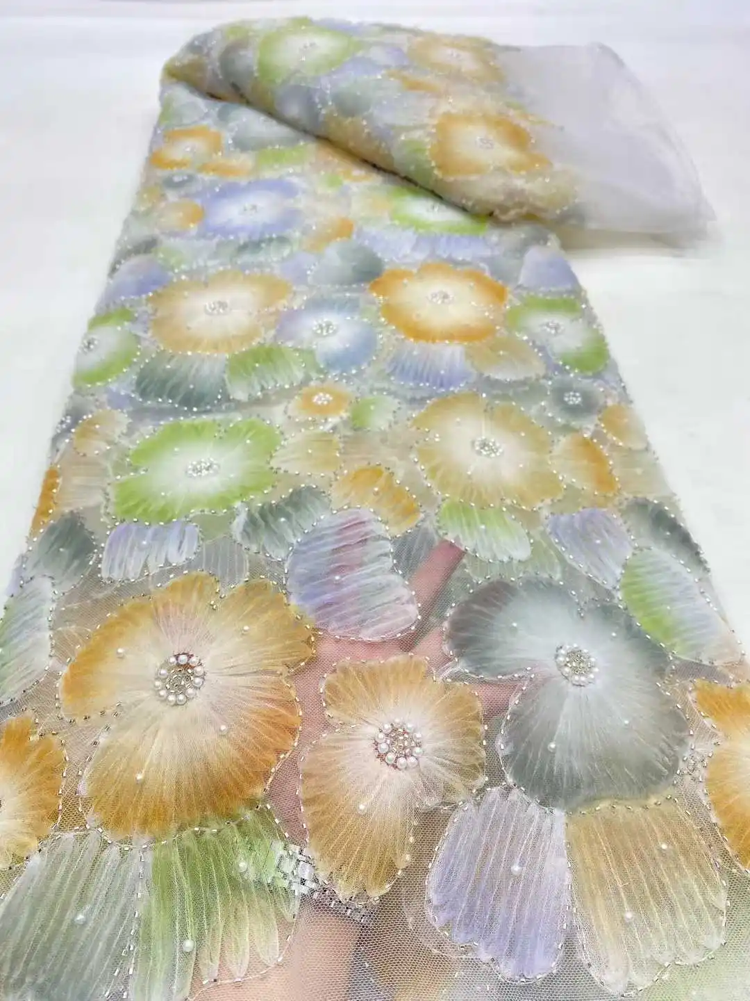 2025 Neueste Afrikanische Net Spitze Perlen Chiffon Spitze Stoff Hohe Qualität 3d 5 Yards Nigerian Französisch Tüll Spitze Stoff für Hochzeit