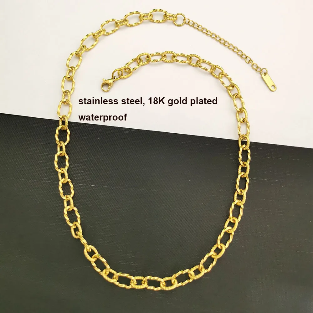 Edelstahl-Halskette für Damen und Herren, Choker, Geometrische Verbindung, Gedrehte Kette, Dicke Rolo-Kette, PVD Goldfarbe, Silber, Wasserdicht, Großhandel – Detail 1