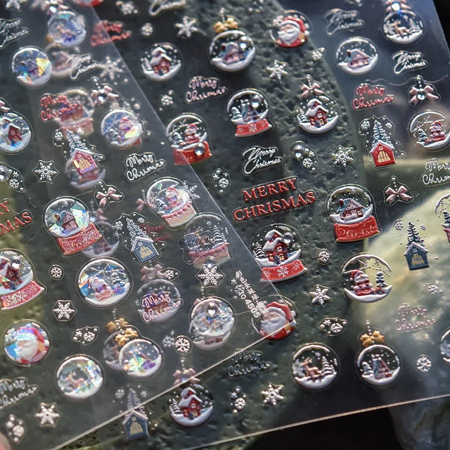 1pcs Kawaii Christmas Ball Crystal Diamond Nail Sticker Colorful Snowflake Adhesive Nail Art Stickers New Year 2025 Decor Decals