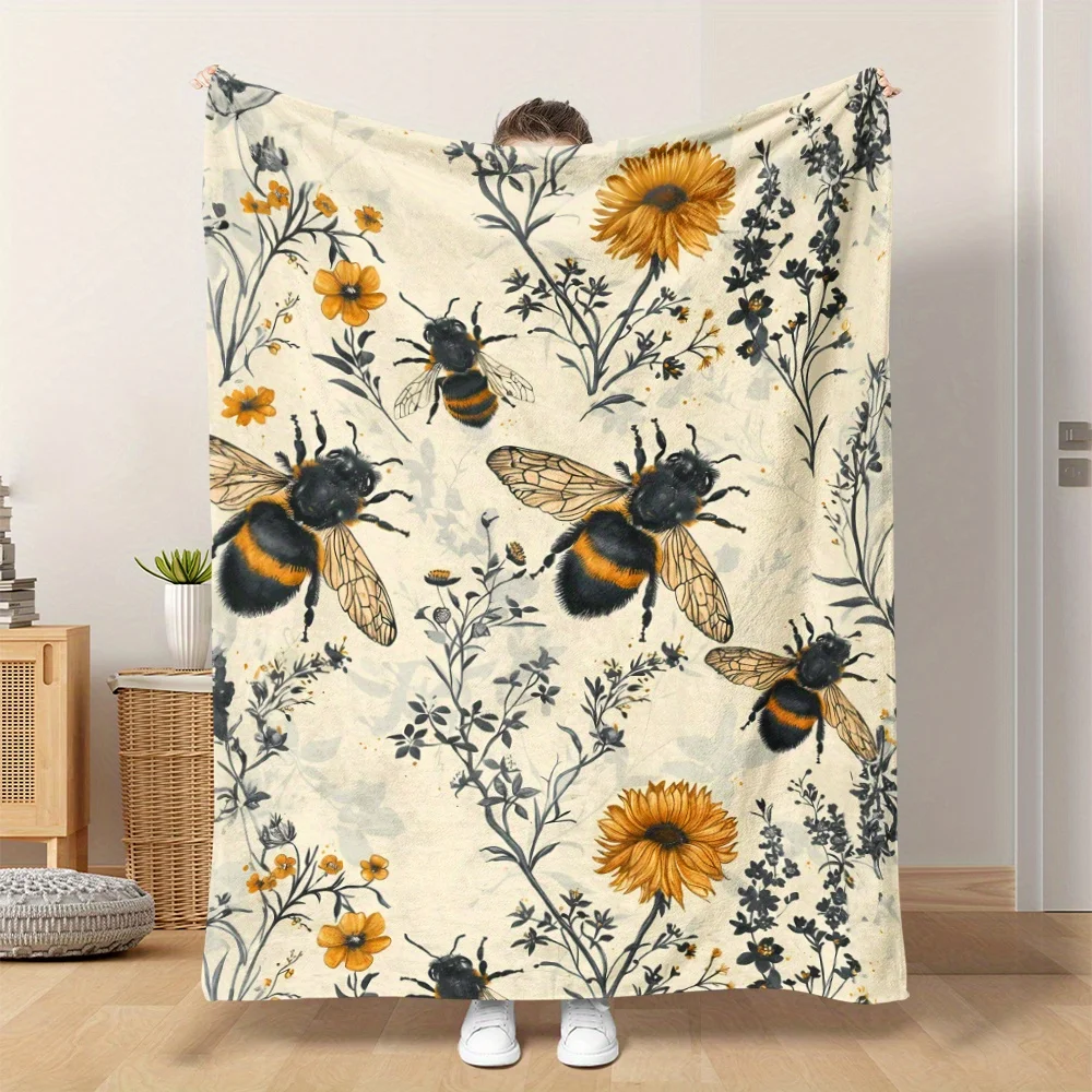 Bee and Wildflower Themed Flannel Throw Blanket - Blanket with Digital Print - All Season , Perfect for Napping, Camping, Travel