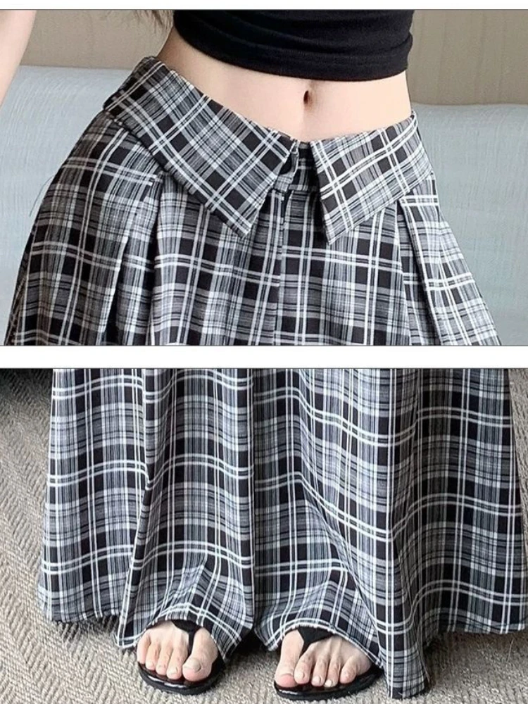 2025 Women's Vintage Plaid Wide Leg Pants - High Waist Pleated Palazzo Trousers, Fashion Streetwear for Spring Autumn