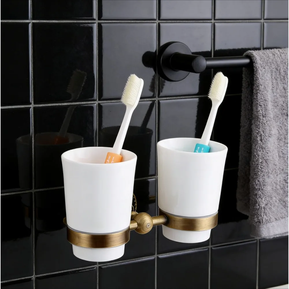

Top Luxury European Style Toothbrush Cup Holder ，Wall Mounted Antique Brass Double Cup Seat Toothbrush Holder