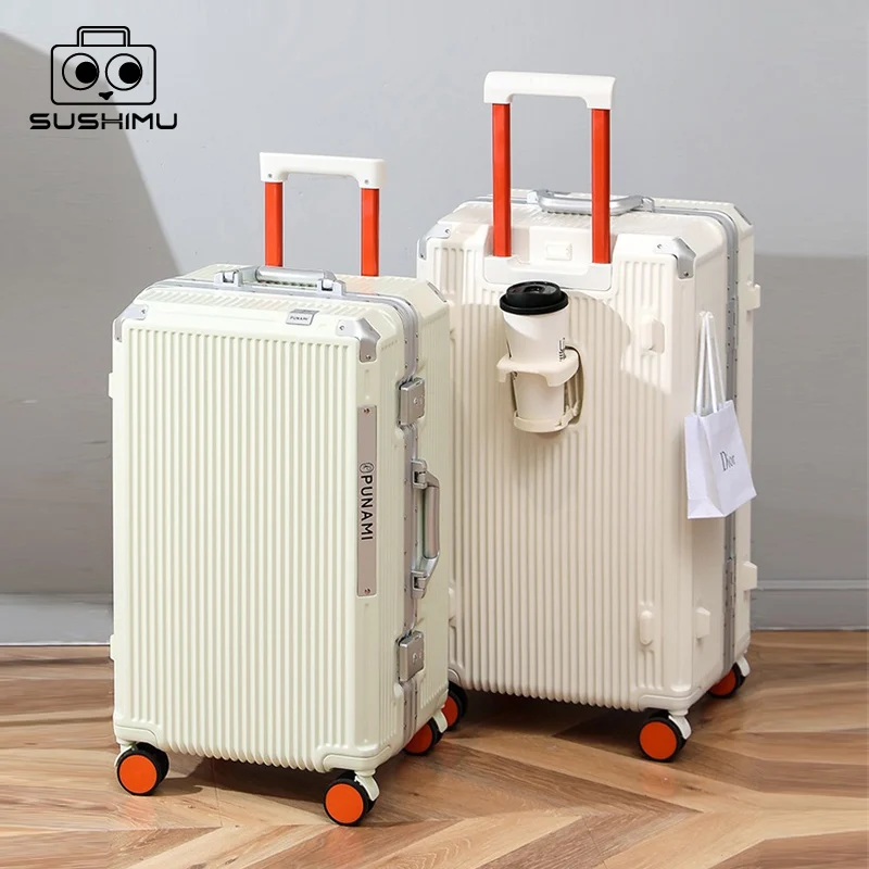 sushimu Suitcase Wide Handle Travel Suitcase Men 20 24 26 Carry-On Luggage Women PC Aluminum Frame Trolley Case