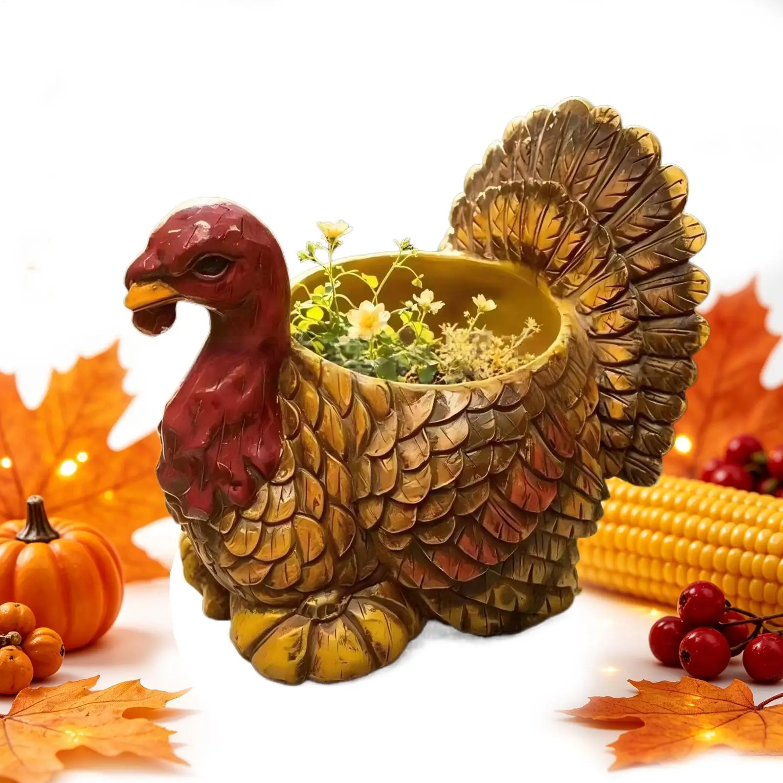 Thanksgiving Turkey Flower Pot Resin Outdoor Yard Decorations Garden Statue Succulent Plant Pots Ornament Autumn Harvest Decor