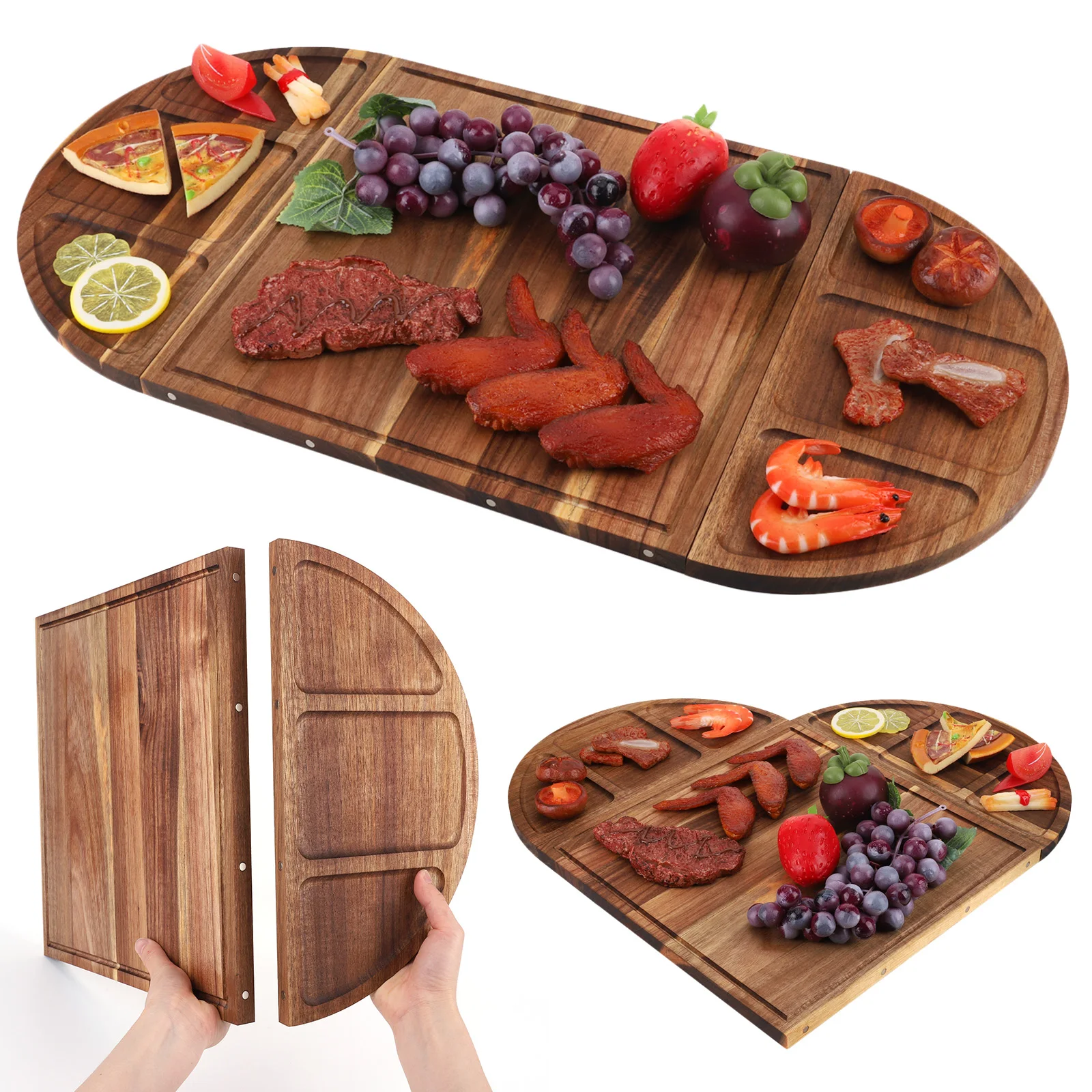 

Acacia Wood Serving Tray Charcuterie Platter Multi-Function Charcuterie Board with Grooves Magnetic for Fruits Vegetables