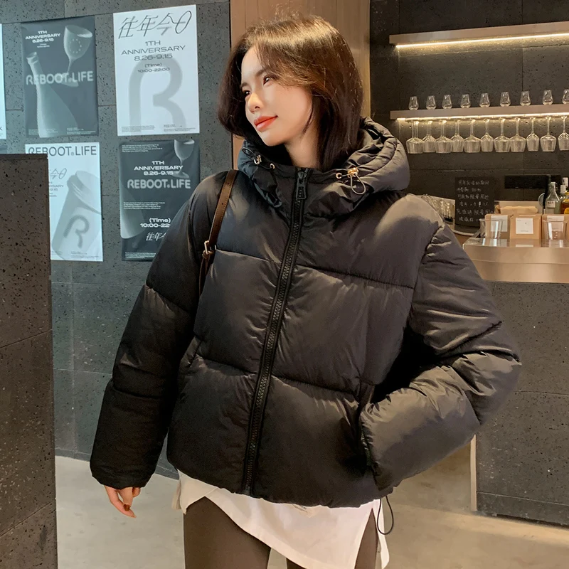 

Сплошное хлопковое пальто с капюшоном для женщин, простой модный дизайн на молнии, теплая куртка-пуховик, зимнее свободное повседневное утепленное пальто