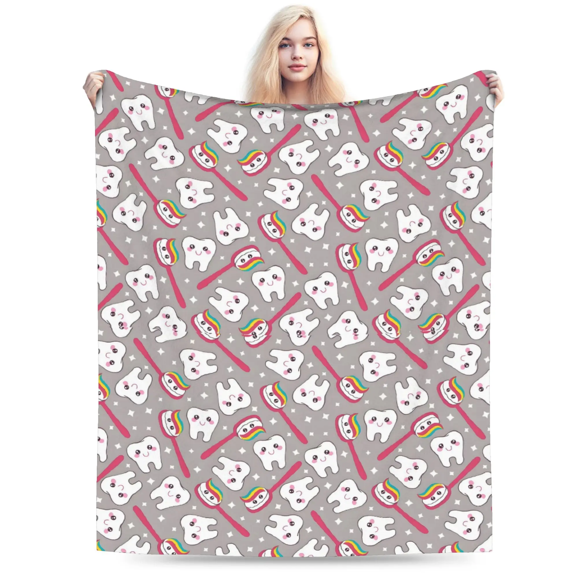 Custom Teeth Pattern Tooth Blankets Breathable Soft Flannel Summer Care Dental Health Throw Blanket for Sofa Home Bedding