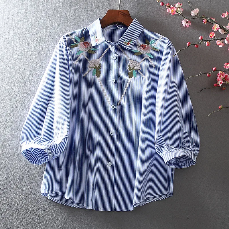 Women's Spring Summer Flower Embroidery Striped Shirt Female Vintage Loose Casual Plus Size Cotton Shirt Blouse TB738