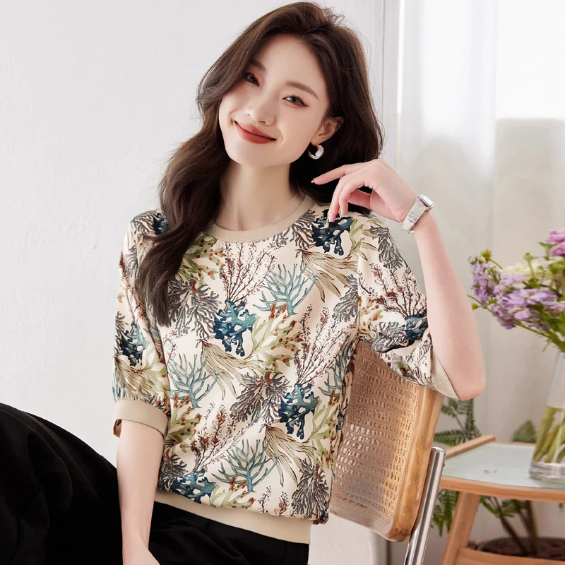 

Satin Imitation Silk Women's Tops 2025 Printed Loose Vintage T Shirt Five Quarter Short Sleeved T-shirt Floral Female Clothing
