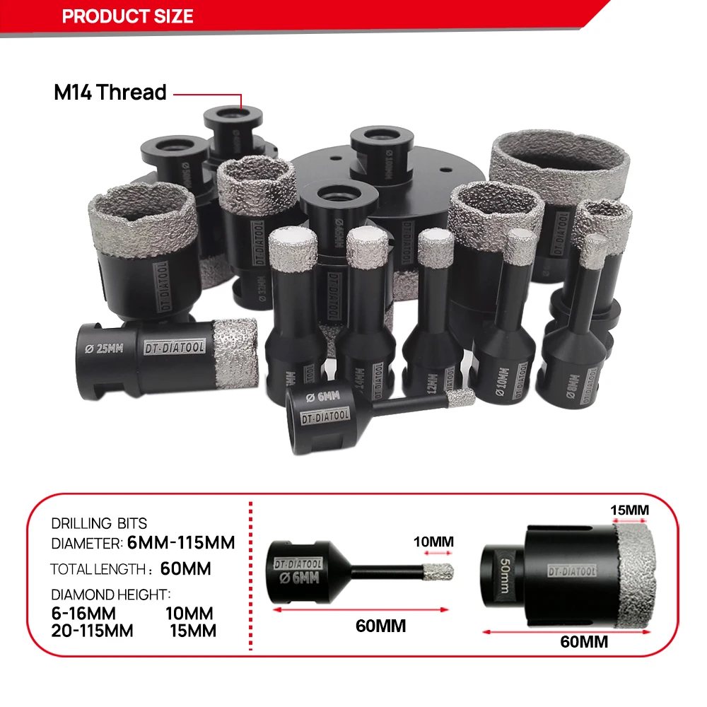DT-DIATOOL 2 30Mm Khoan Bits Khô Hút Chân Không Chia Lửa Bằng Đồng Nguyên Kim Cương Lõi Khoan Bits Cho Đá Cẩm Thạch Đá Hoa Cương Thun Lỗ Cưa với M14 Đường Chỉ May
