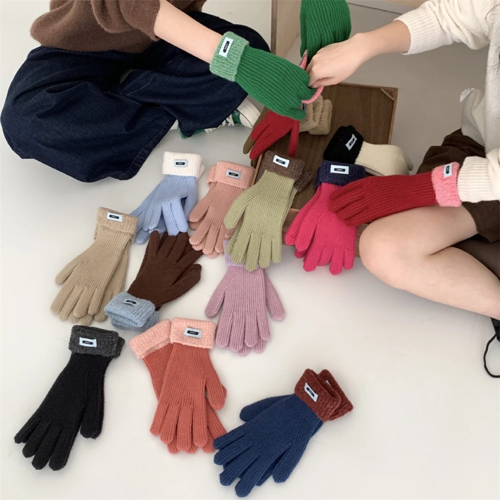 Color Clash Woolen Knitted Gloves Cycling Warmers Split Finger Gloves Women Winter Thickened Student Mitten Touch Screen Gloves