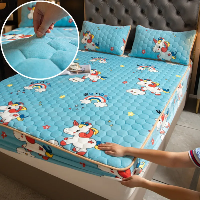 

1pc Winter Mattress Covers Quilted Fitted Sheets Cartoon Style Bed Cover Velvet Bed Sheets for Home yatak örtüsü (No Pillowcase)