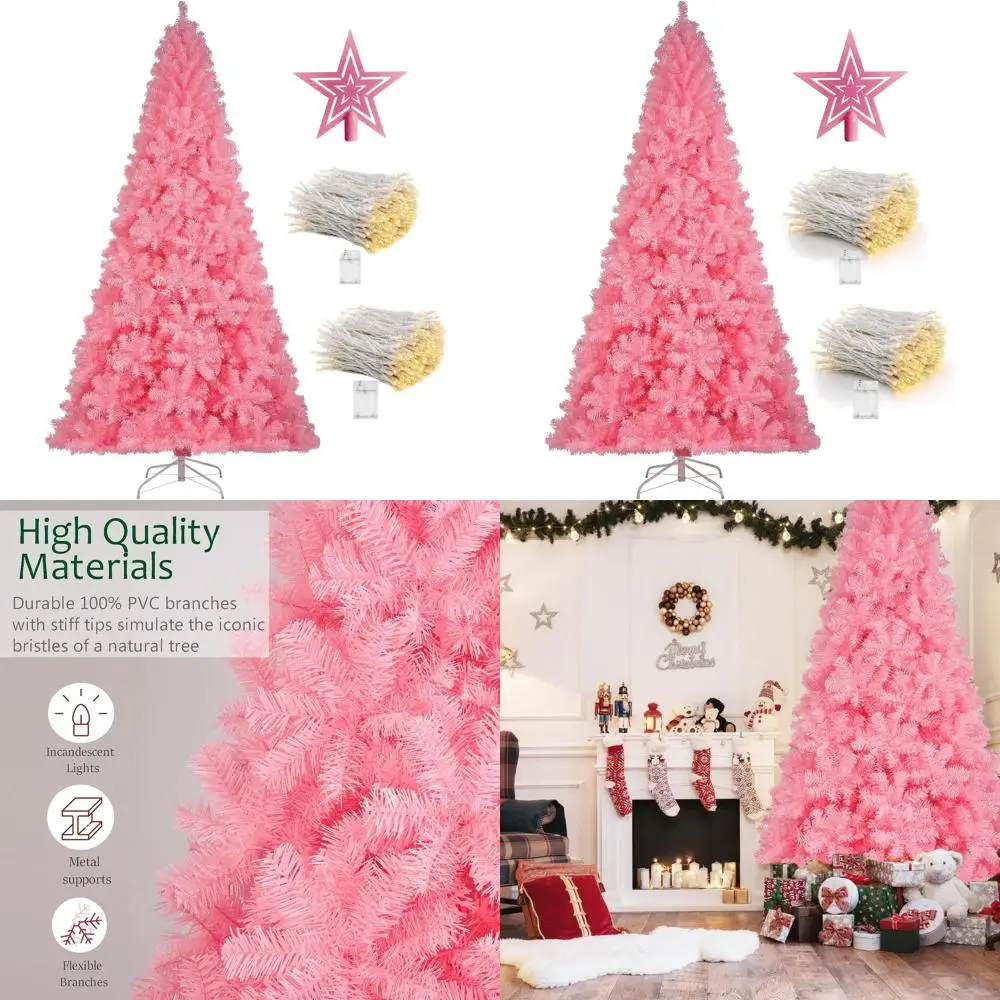 

Розовая рождественская елка высотой 6 футов с 100 наконечниками, светодиодными украшениями и металлической подставкой для дома, офиса или магазина