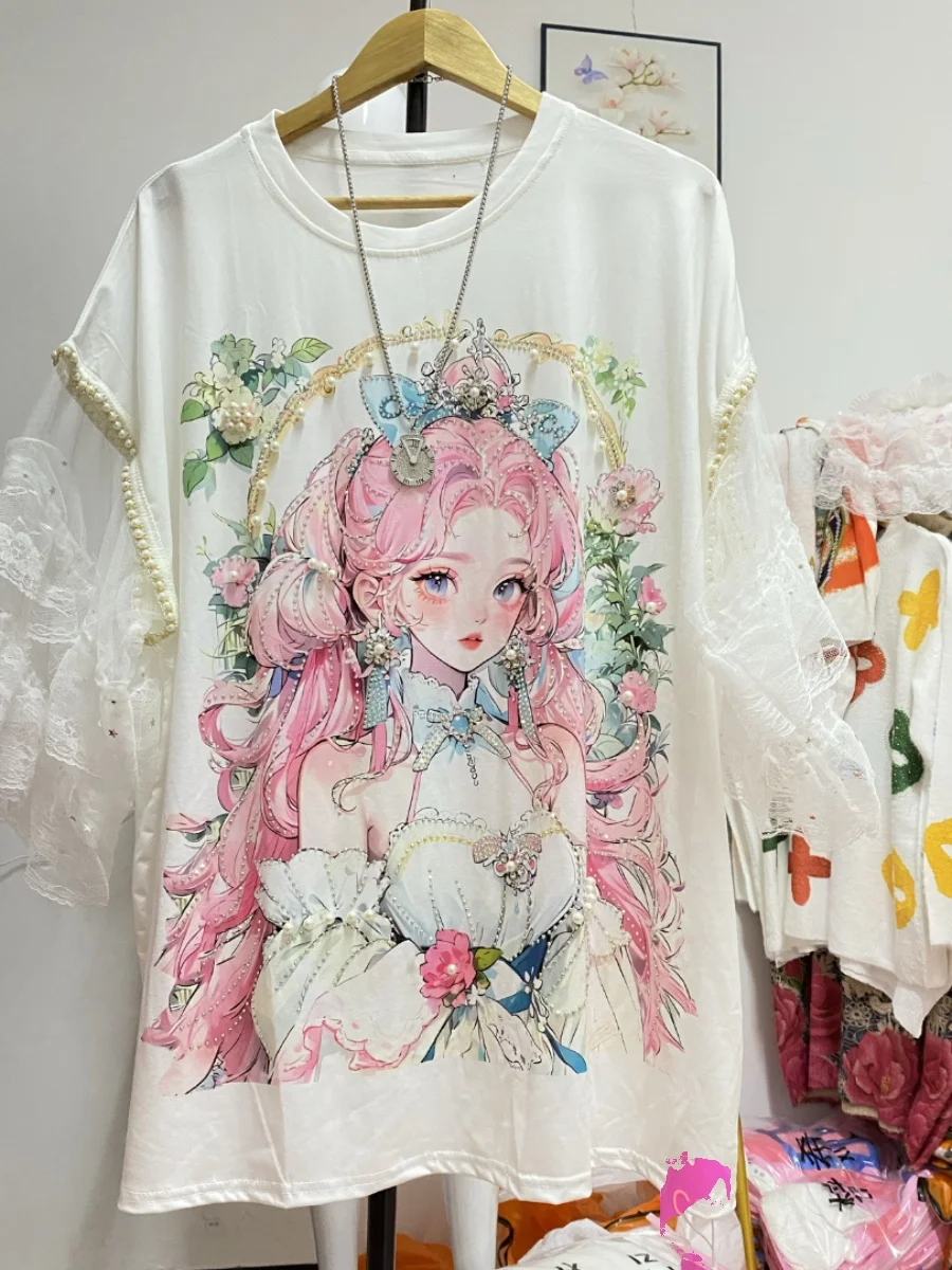 

2025 New Summer Cartoon Printed Fairy Tops Large Size Elegant Lace Half Sleeve Mid-long T-shirt Dress Hot Drilling Beads Tees