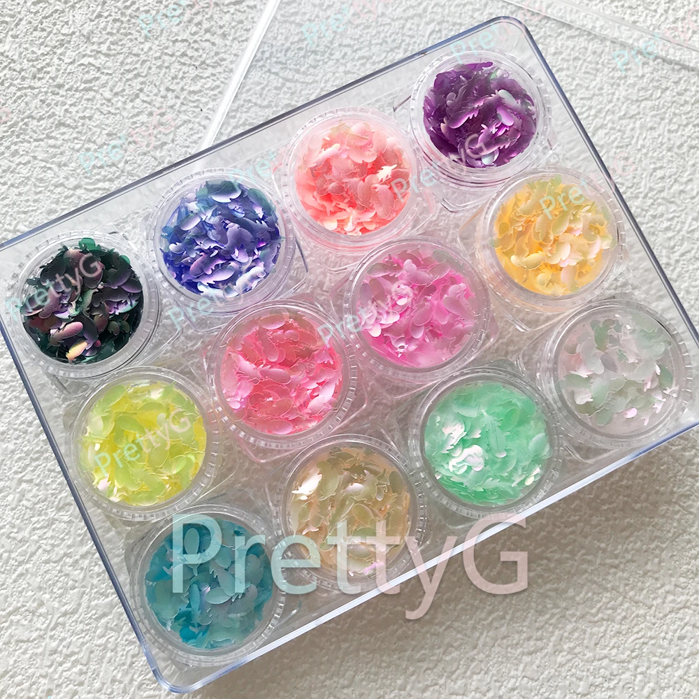 PrettyG 12 Colors Set Aurora Mermaid Feather Glitter Shape Rainbow Color Shift Glitter Sequins For DIY Gel Nail Art Decoration