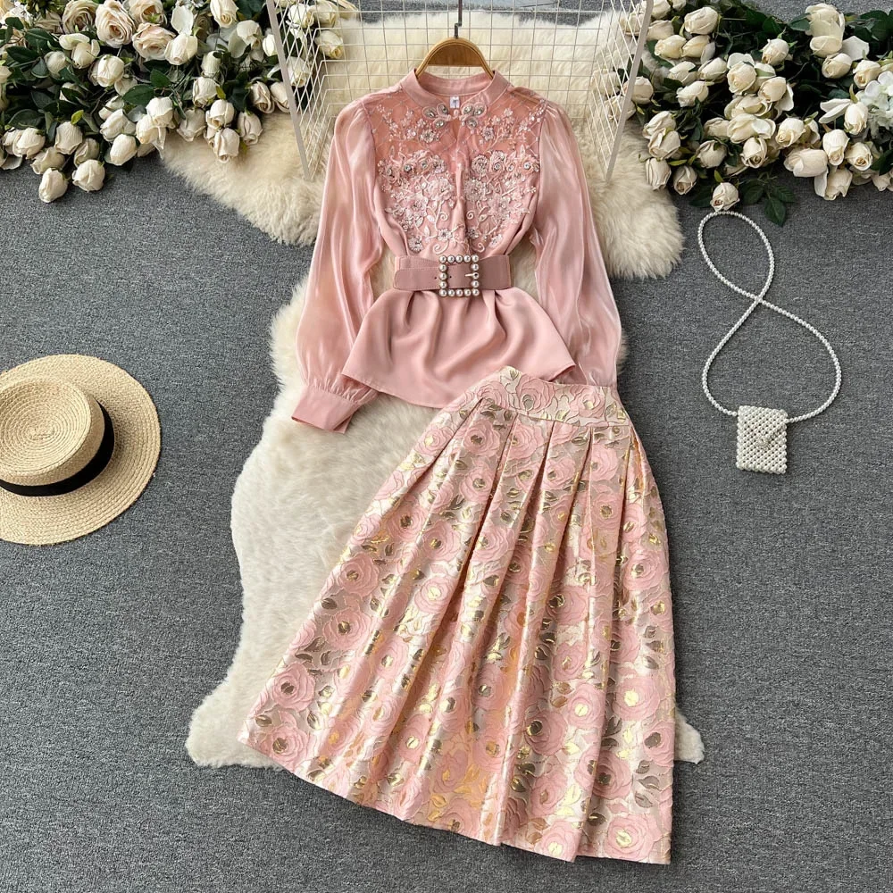 

Summer Luxury 2 Piece Sets French Fashion Suits Women's Long Sleeve Embroidery Shirt Tops High Waist Jacquard Half Skirt Outfits