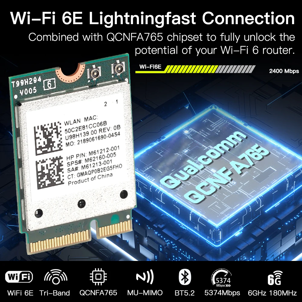 Qualcomm-Adaptateur sans fil QCNFA765, carte réseau M.2, Leicband 2.4/5/6 mesurz, Bluetooth 5.2, NFA765, WiFi 6E