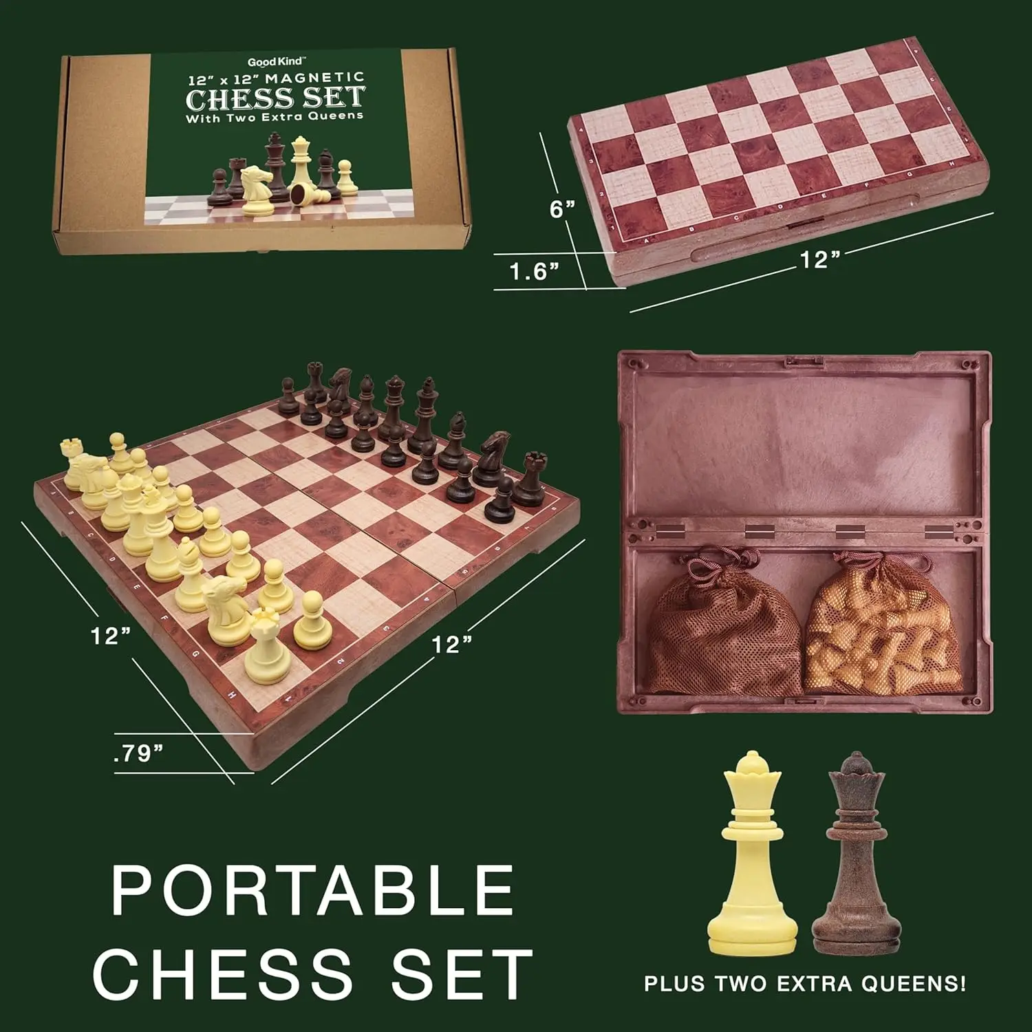 Set di scacchi da viaggio magnetico per bambini e adulti, 12' x 12', gioco di scacchi portatile con 2 regine extra e borse portaoggetti