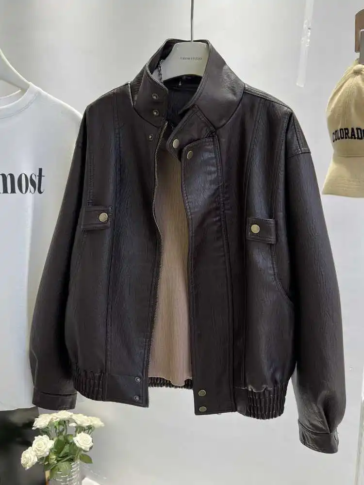 

Leather Jacket Women 2025 Spring Loose Fit Biker Coat Slimming Versatile Vintage Style Outerwear