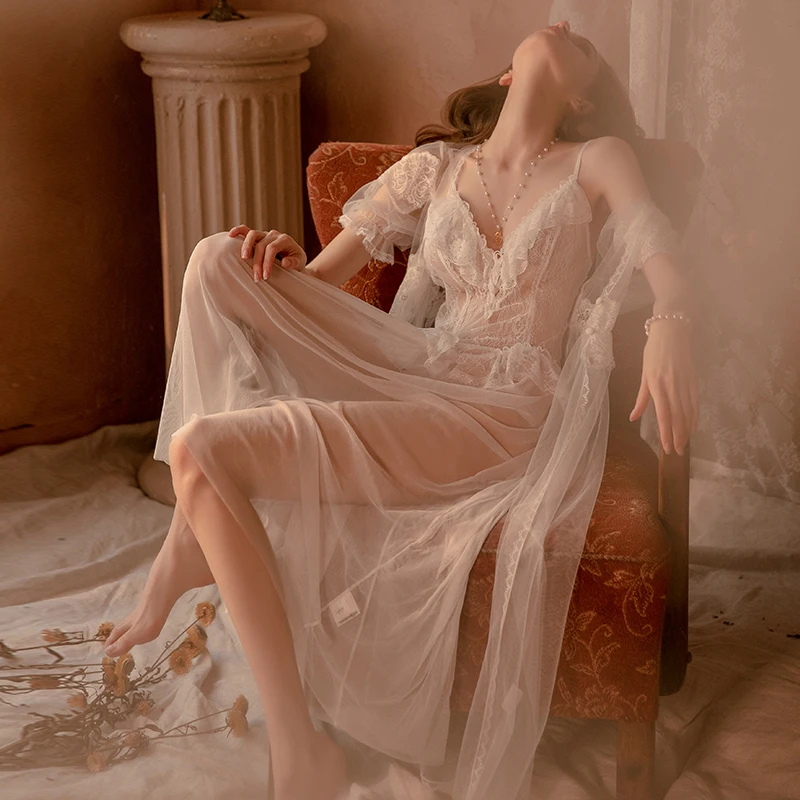 

Black Transparent Tulle Robe Set Sexy Lingеrie Night Dress Woman Lencerias Long Nightgowns Nuisette Sexy De Nuit Sleepwear
