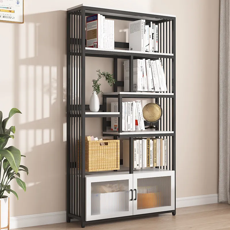 Bookshelf Floor-to-ceiling shelf Living room Multi-layer locker Integrated against the wall Wrought iron storage rack Lattice