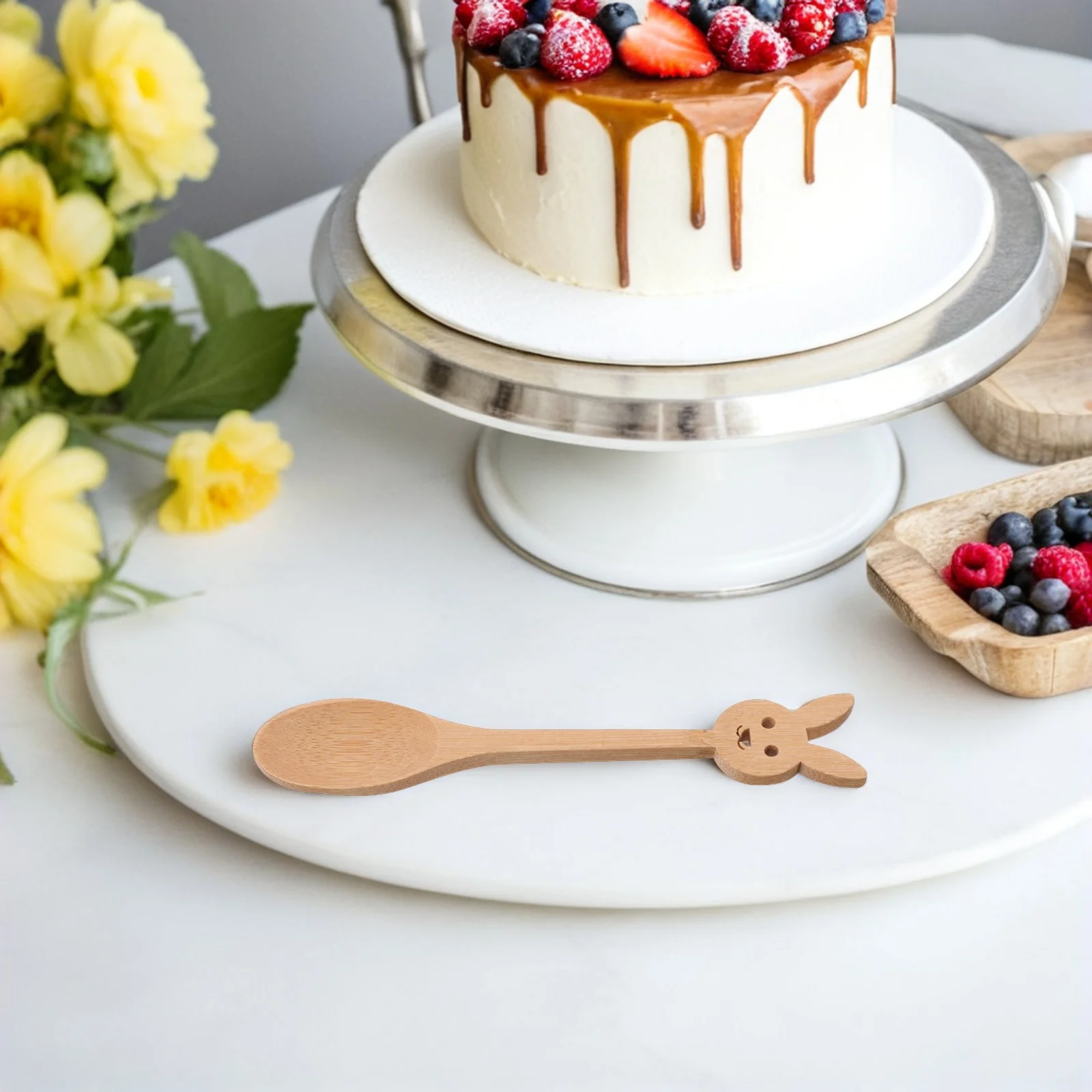 

6pcs Bamboo Spoons Cartoon Bunny Design Kids Dessert Spoon Set For Ice Cream Coffee Soup Mixing Serving Utensils Kitchen Bar