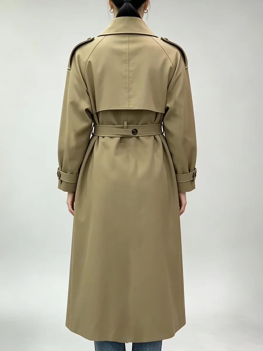 PUAL Women Lapel Long Trench Coat Open Front Belted Waist Epaulet Design Cuff Strap Loose Fit Solid Elegant  Windbreaker