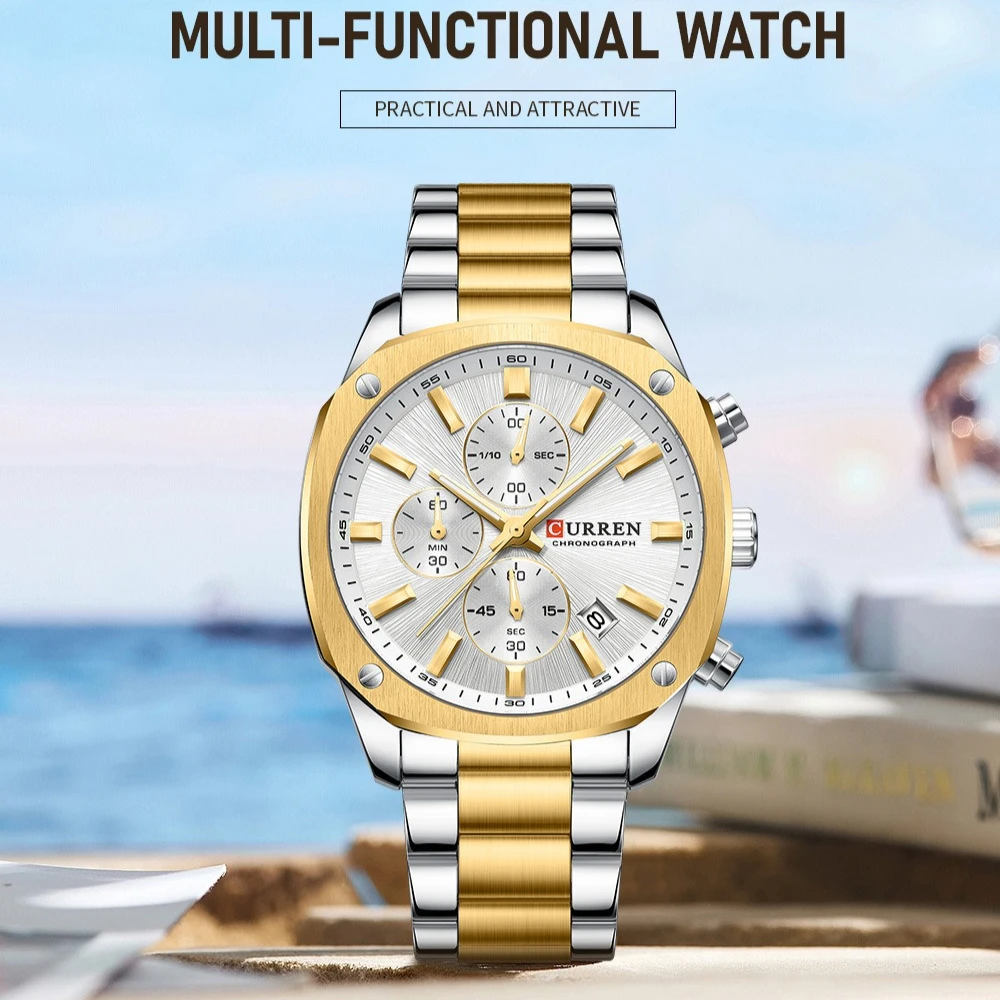 

CURREN 8490 Fashion Men Watch Calendar Six Needle Timing Quartz Watch Waterproof Stainless Steel Strap Business Watches for Man