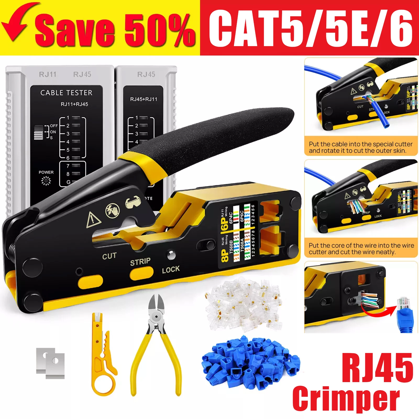 DayPlus RJ45 Network Crimper with Tester, 3-in-1 Crimping Cutting Stripping Lan CAT5/5E/6 (STP/UTP) & RJ11/12 Tel Modular Cable