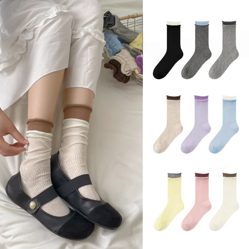 1 Pair Women‘s Slouchy Layered Crew Socks Color Block Double Ribbed Cuffs Sheer Ribbed Knit Thin Casual Socks EU 36-40 US 5-9