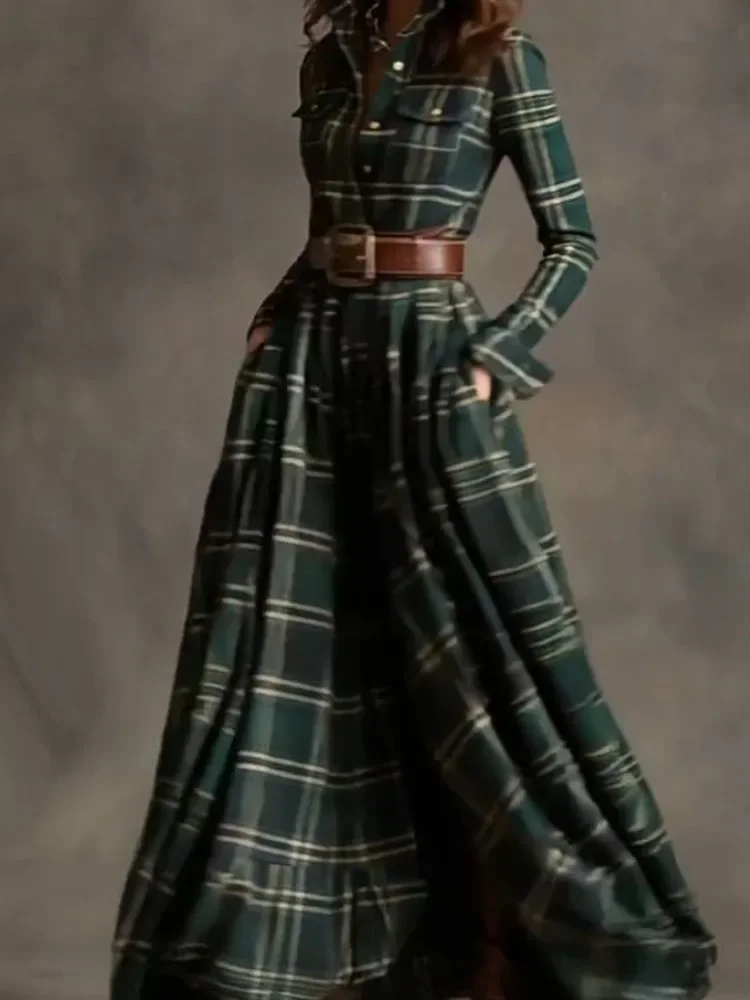 Vintage Plaid Printed Draped Loose Shirt Dress Autumn Elegant Lapel Button Long Dress Lady Casual Long Sleeve Pocket Party Dress