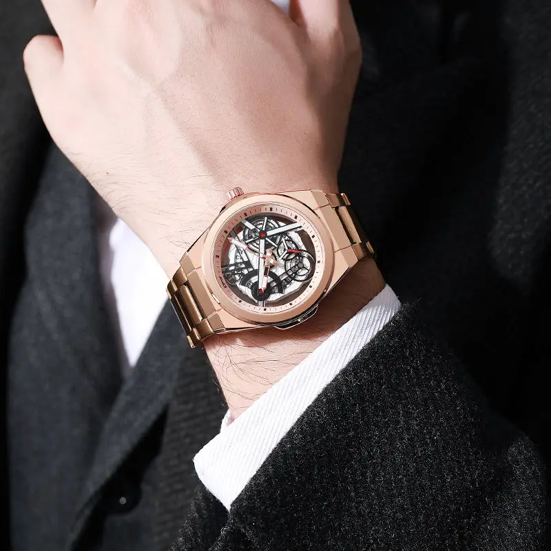 Men's Trendy Luminous Wristwatch with Hollow-Out Transparent Calendar European American Fashion Business Steel Strap Wristwatch