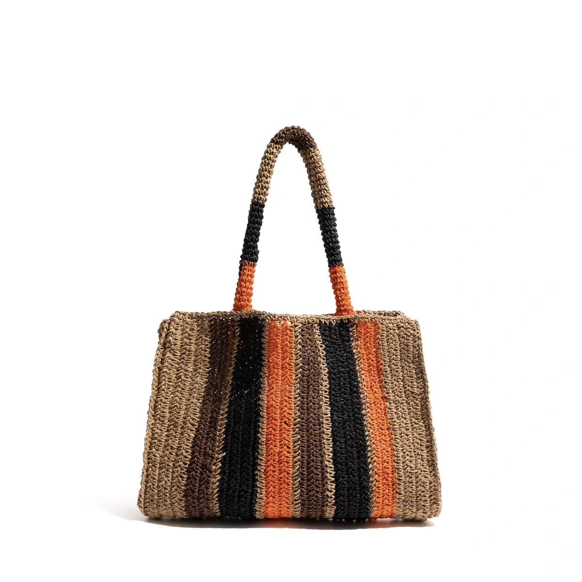 2025 nuevo bolso de paja bloqueado de Color para mujer, bolso de hombro de mano, bolso de playa tejido a mano, bolso de mano de gran capacidad