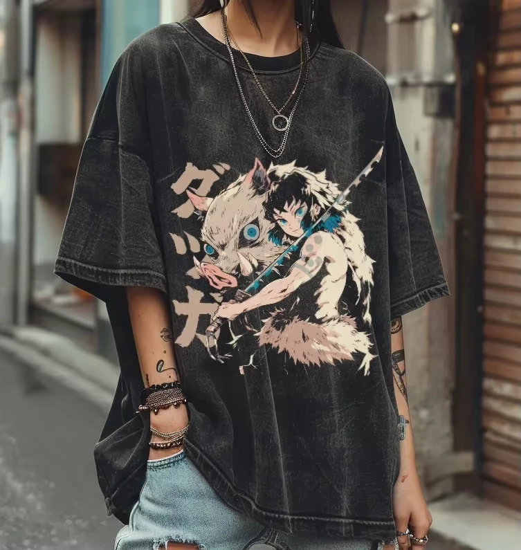 

Anime Demon Killer Hashibira Inosuke oversized men's and women's washed shirts hee retro washed T-shirt couple streetwear top