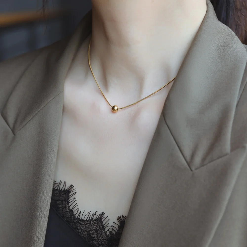 Kpop Gold Color Stainless Steel Ball Necklace For Women Simple Snake Bone Chain Clavicle Chain Jewelry Accessories