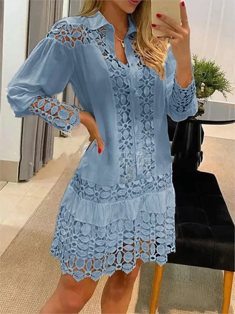 Mulheres rendas costura sexy oco para fora e vestido transparente não forrado elegante escritório primavera casual manga longa camisa branca vestido