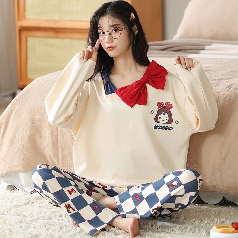 

Women's Pajamas Long sleeved Cotton Pullover Cute Cartoon Student Autumn and Winter Breathable Outwear Home Furnishings