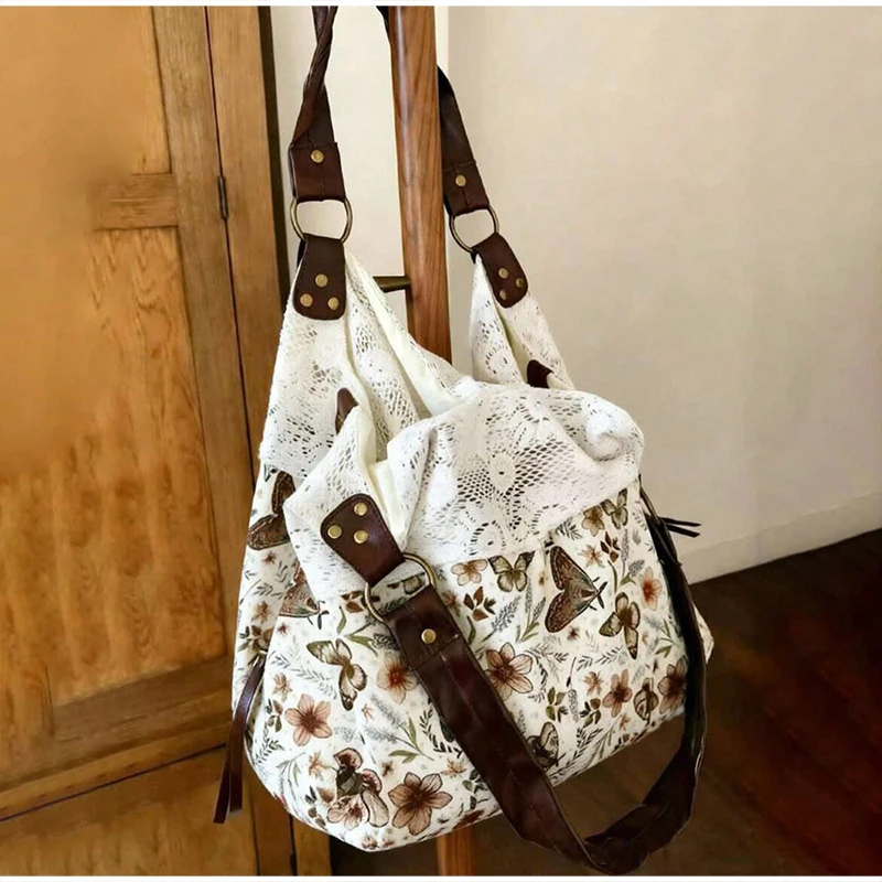 Mori Girl Ditsy-Blumenmuster-Schultertasche mit Spitzenbesatz und Patchwork-Design, Damen-Handtasche im Colorblock-Stil, leichte Vintage-Bohemian-Chic-Tasche – Detail 10
