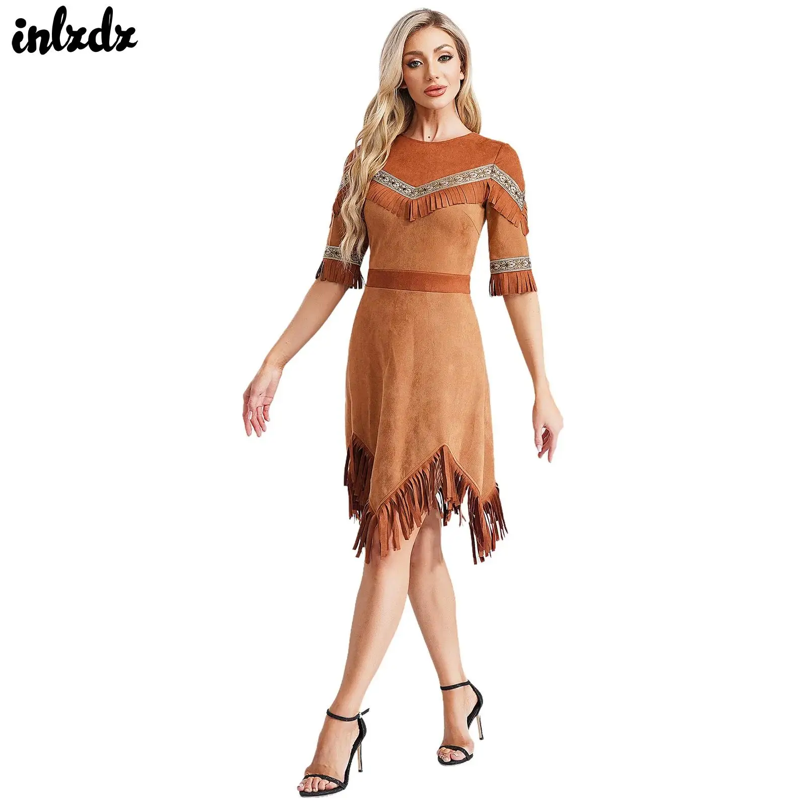 

Womens Ancient Greek Warrior Indian Princess Huntress Cosplay Performance Costume Tassels Woven Tape Trimming Zipper Dress