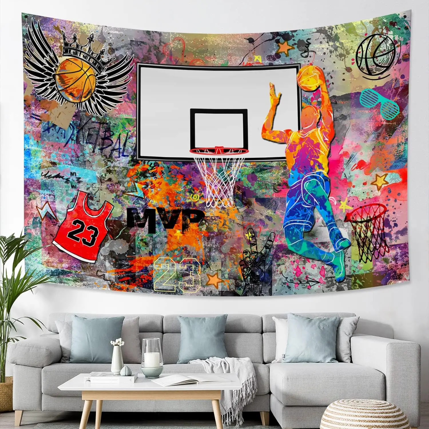 كرة السلة الكتابة على الجدران نسيج Mvp دونك الفن مع الهيب هوب تاج الشارع نمط نسيج الجدار الشنق للرجل الكهف النوم ديكور غرفة نوم #3